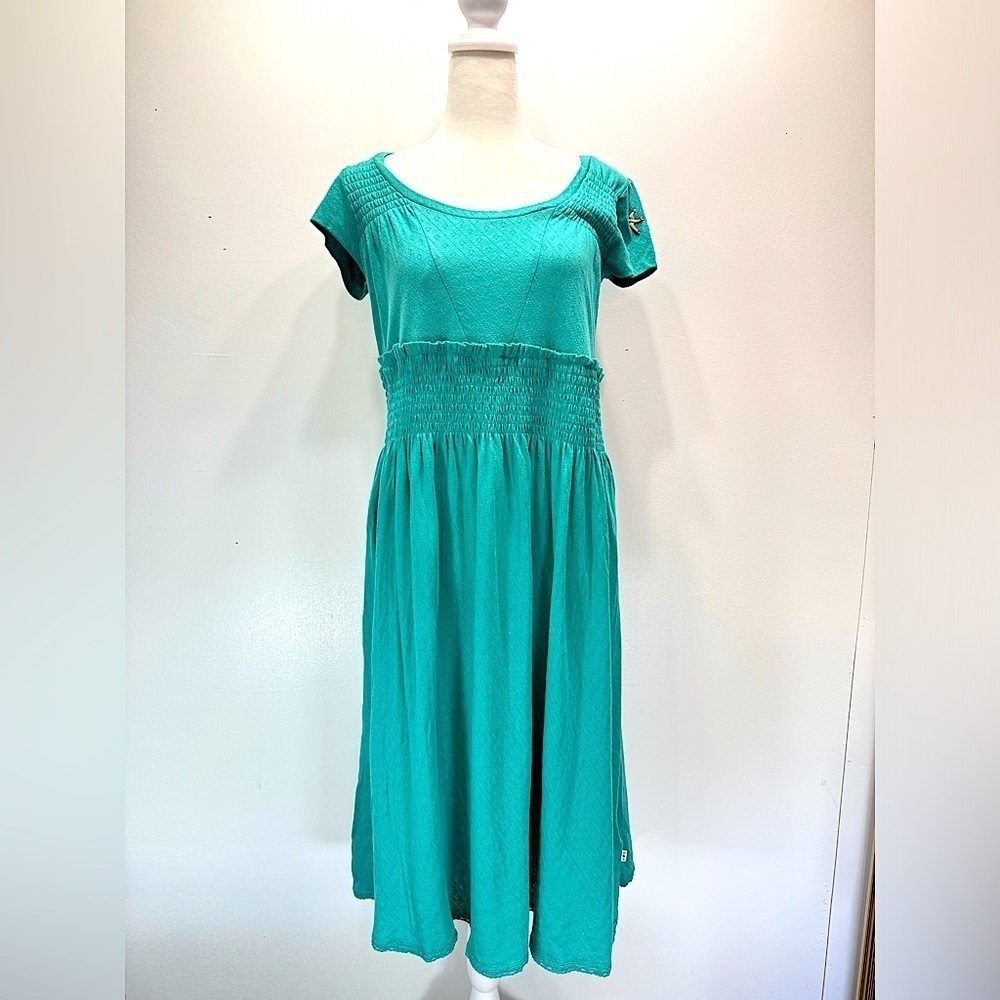 Blutsgeschwister Teal Textured Jersey Knit Ruched Waist & Shoulders Midi Dress